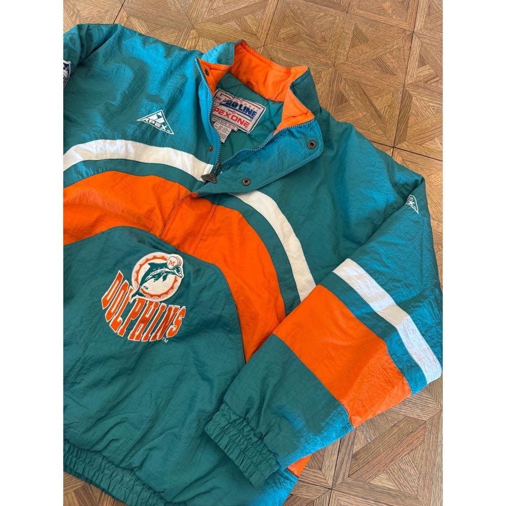 Vintage Apex One Miami Dolphins NFL Pro Line Puffer Jacket XL Teal Orange 90s 19